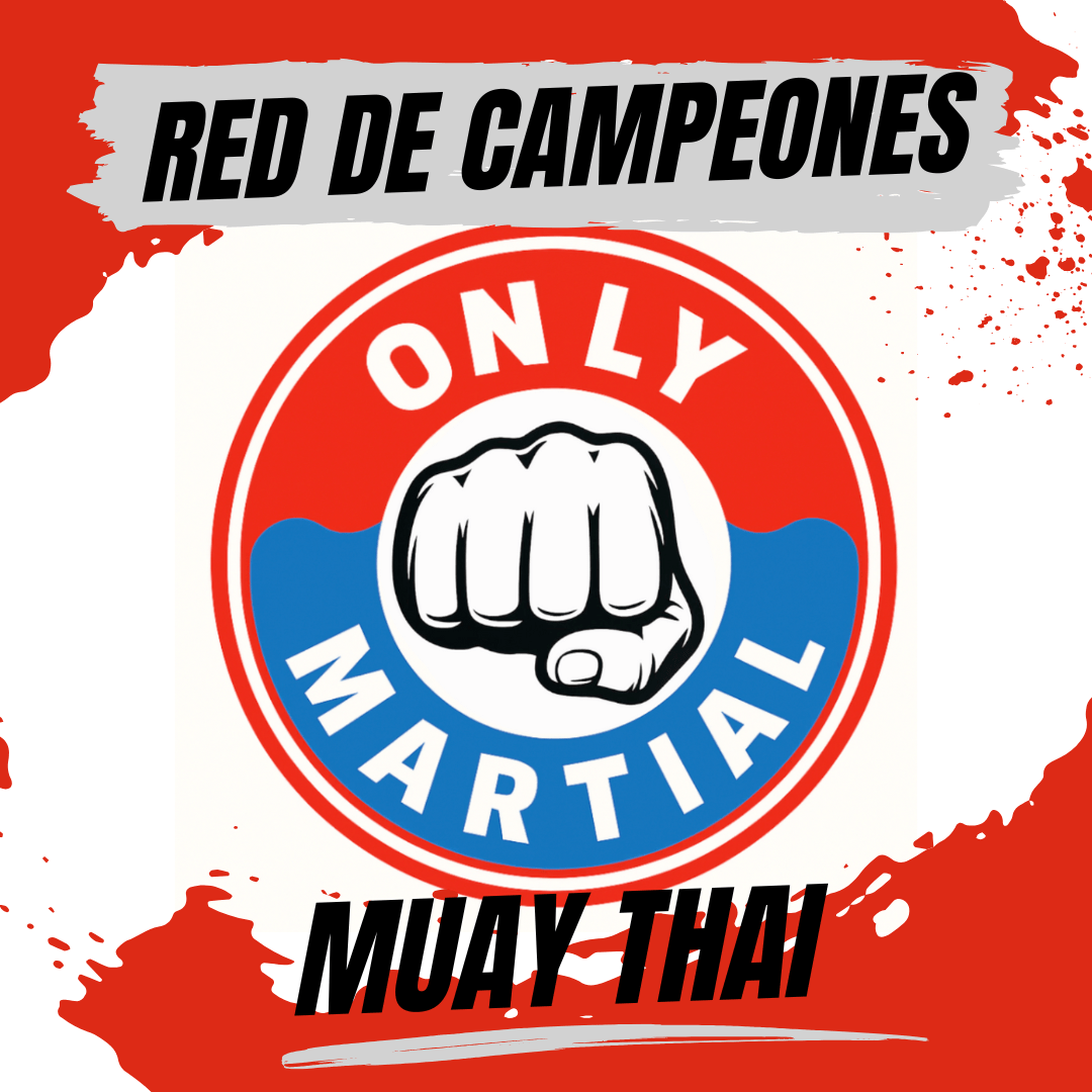 banner-only-martial-muay-thai Banner oficial de OnlyMartial Muay Thai con diseño circular y puño central, representando la potencia, el ritmo y la técnica de este arte de combate tailandés.