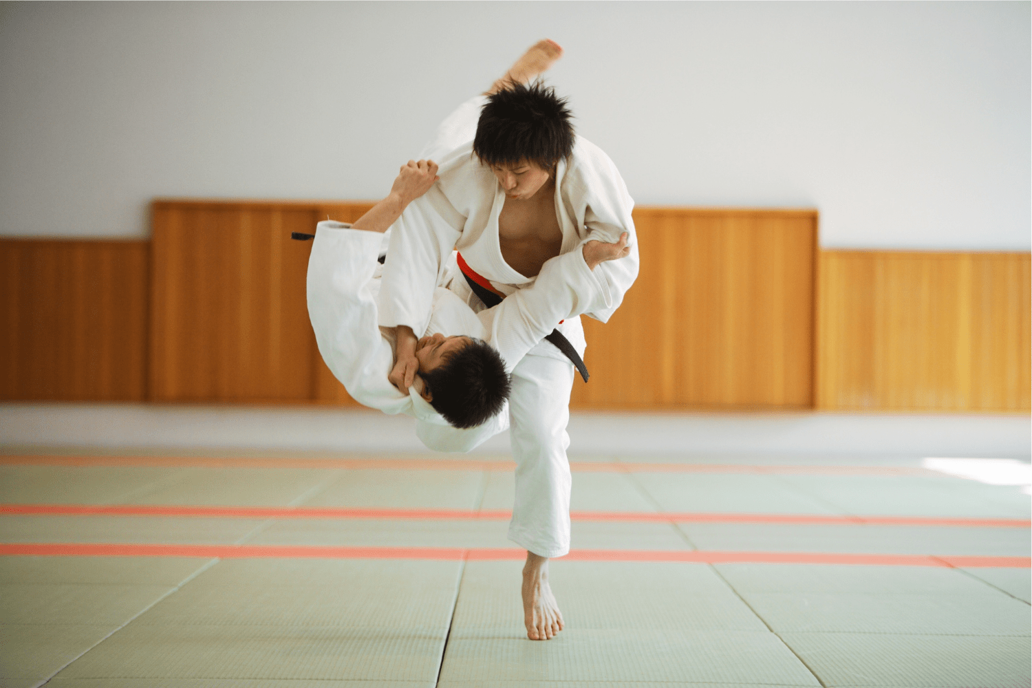 Dos luchadores de Brazilian Jiu-Jitsu practicando técnicas en un ambiente divertido y de aprendizaje