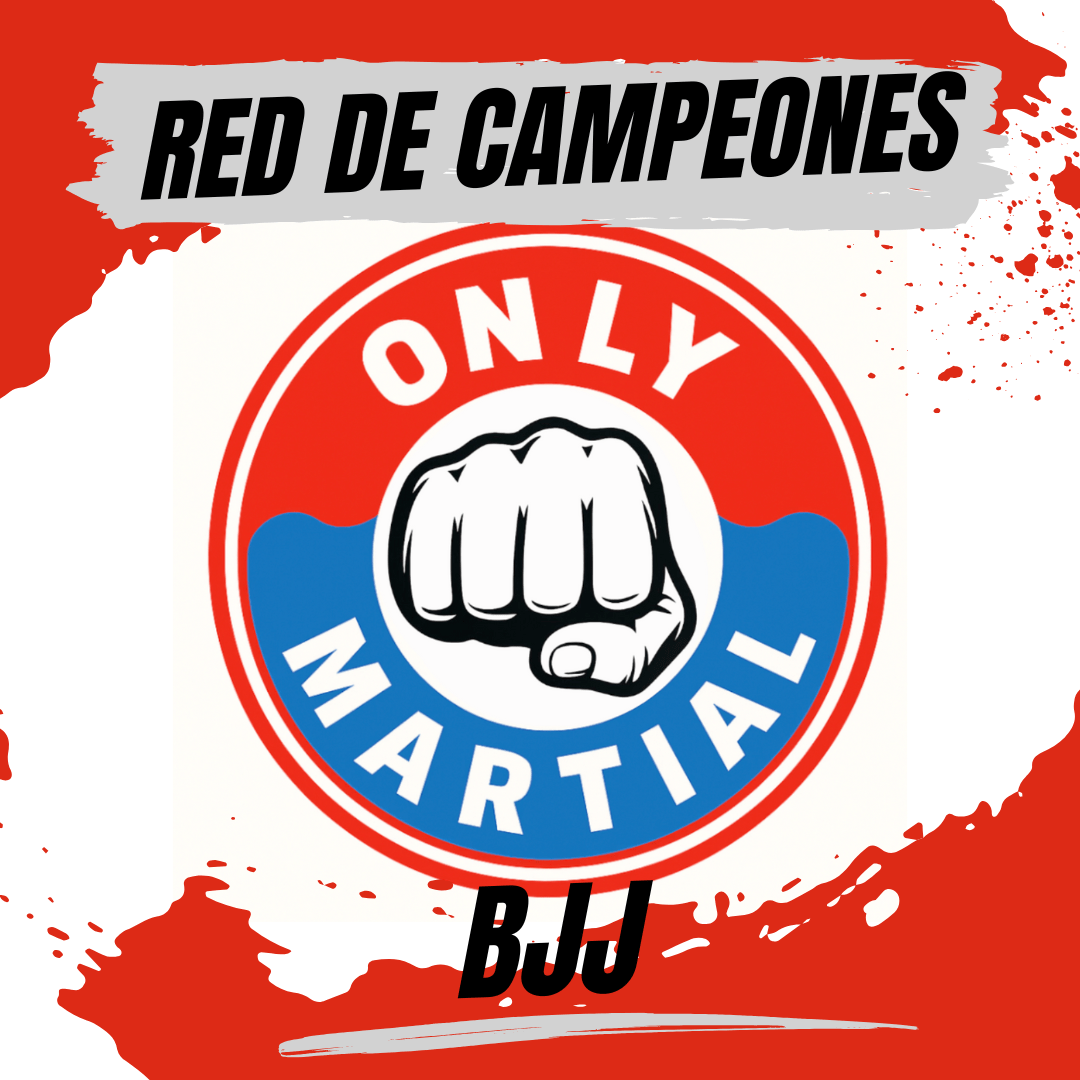 Banner oficial de OnlyMartial BJJ con diseño circular, puño central y colores distintivos, representando la técnica, el control y la filosofía del Jiu-Jitsu brasileño.