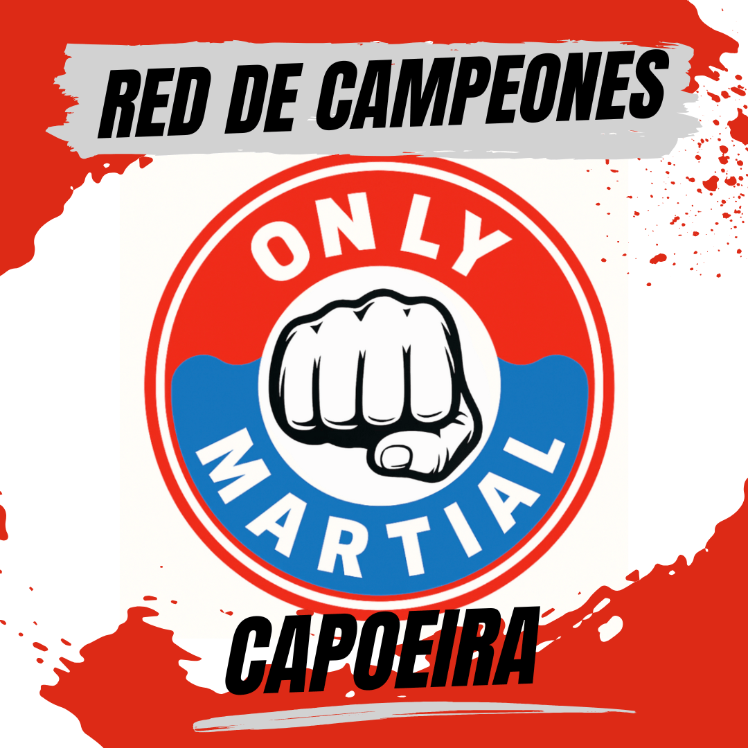 banner-only-martial-capoeira Logo de Only Martial con un puño en el centro, rodeado por los colores rojo y azul, acompañado del texto "Red de Campeones" y la palabra "Capoeira".