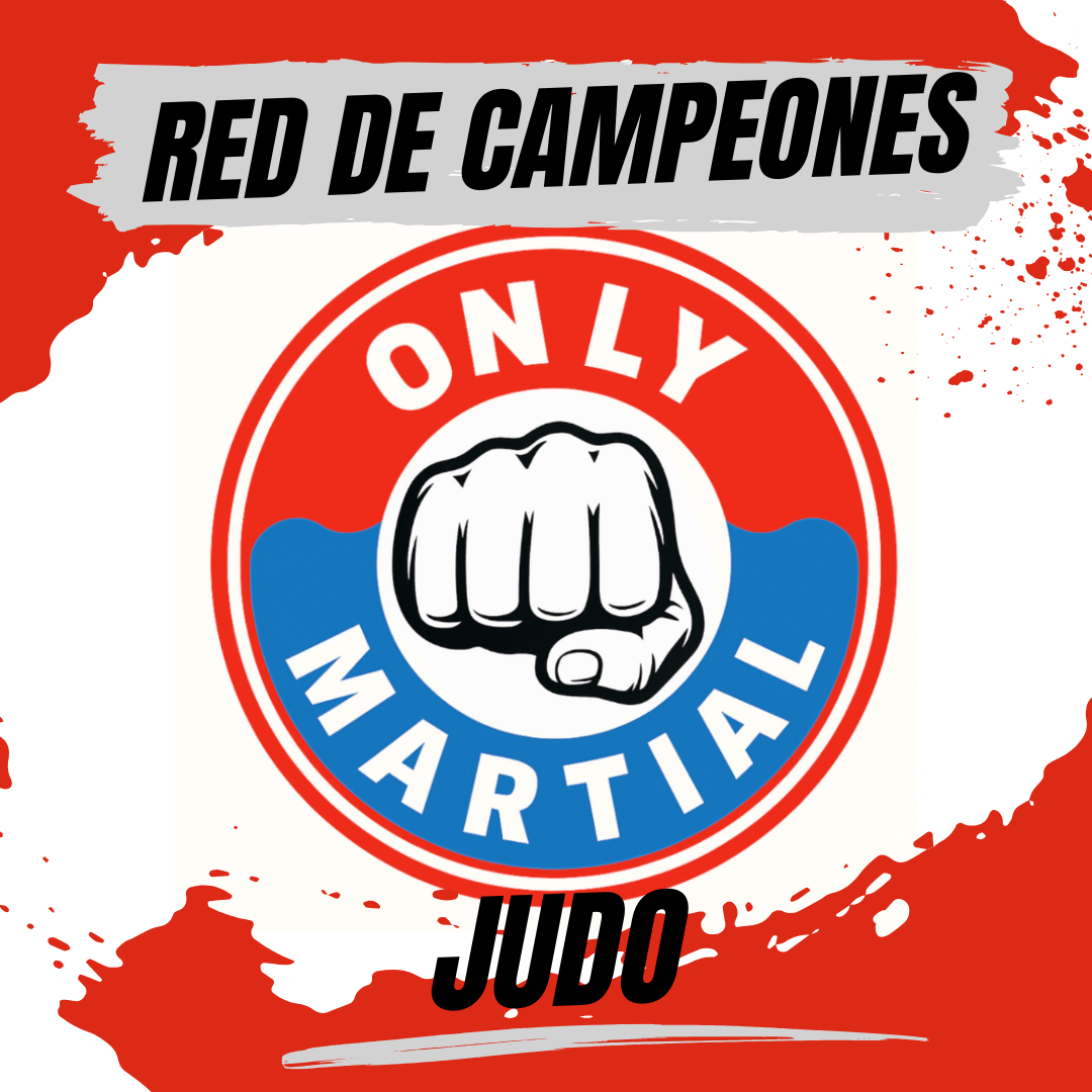 Banner oficial de OnlyMartial Judo con diseño circular y puño central, representando la técnica, el equilibrio y el respeto propios del arte del Judo.