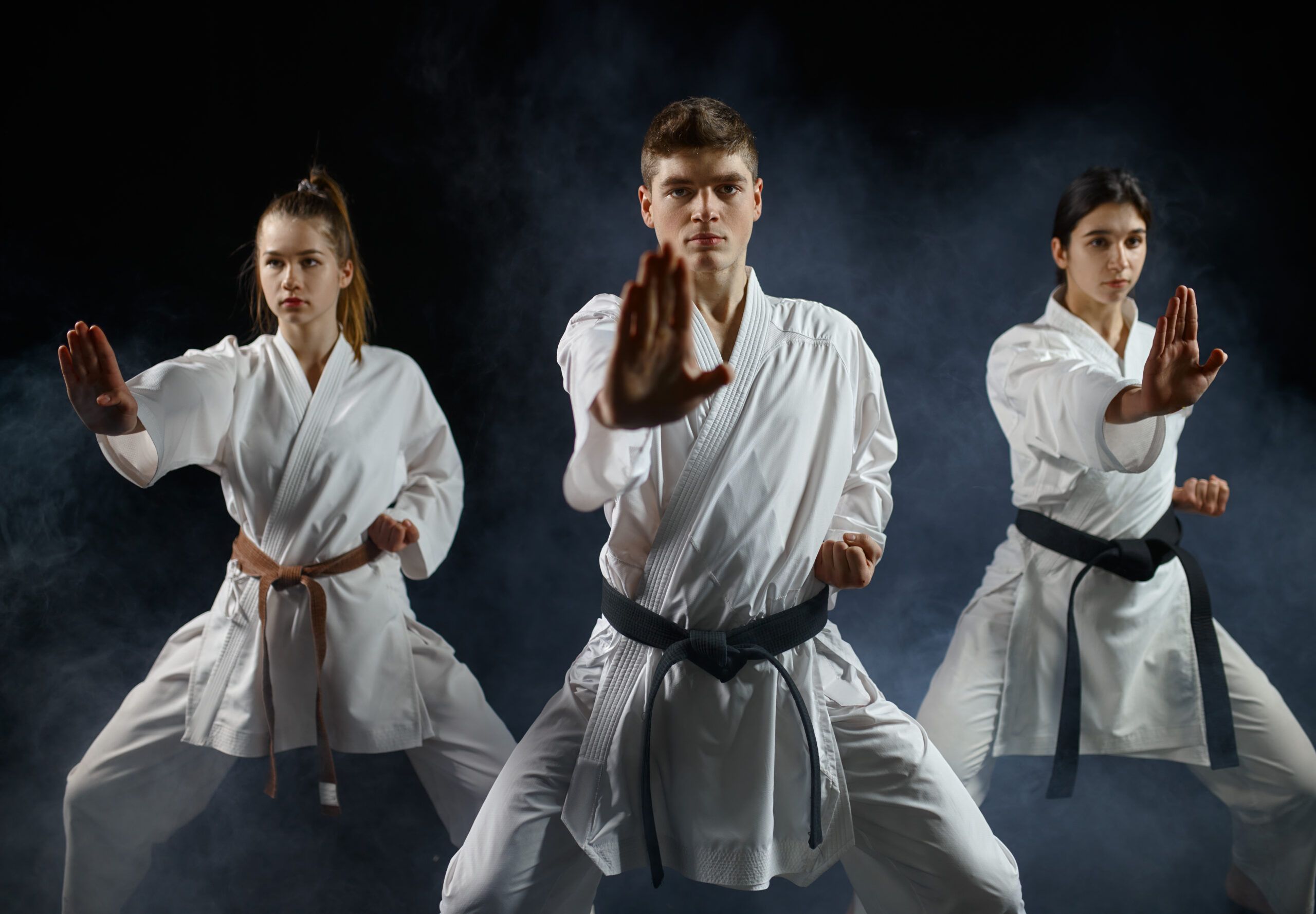 Chicos practicando katas de karate en grupo, desarrollando habilidades físicas y disfrutando del aprendizaje.