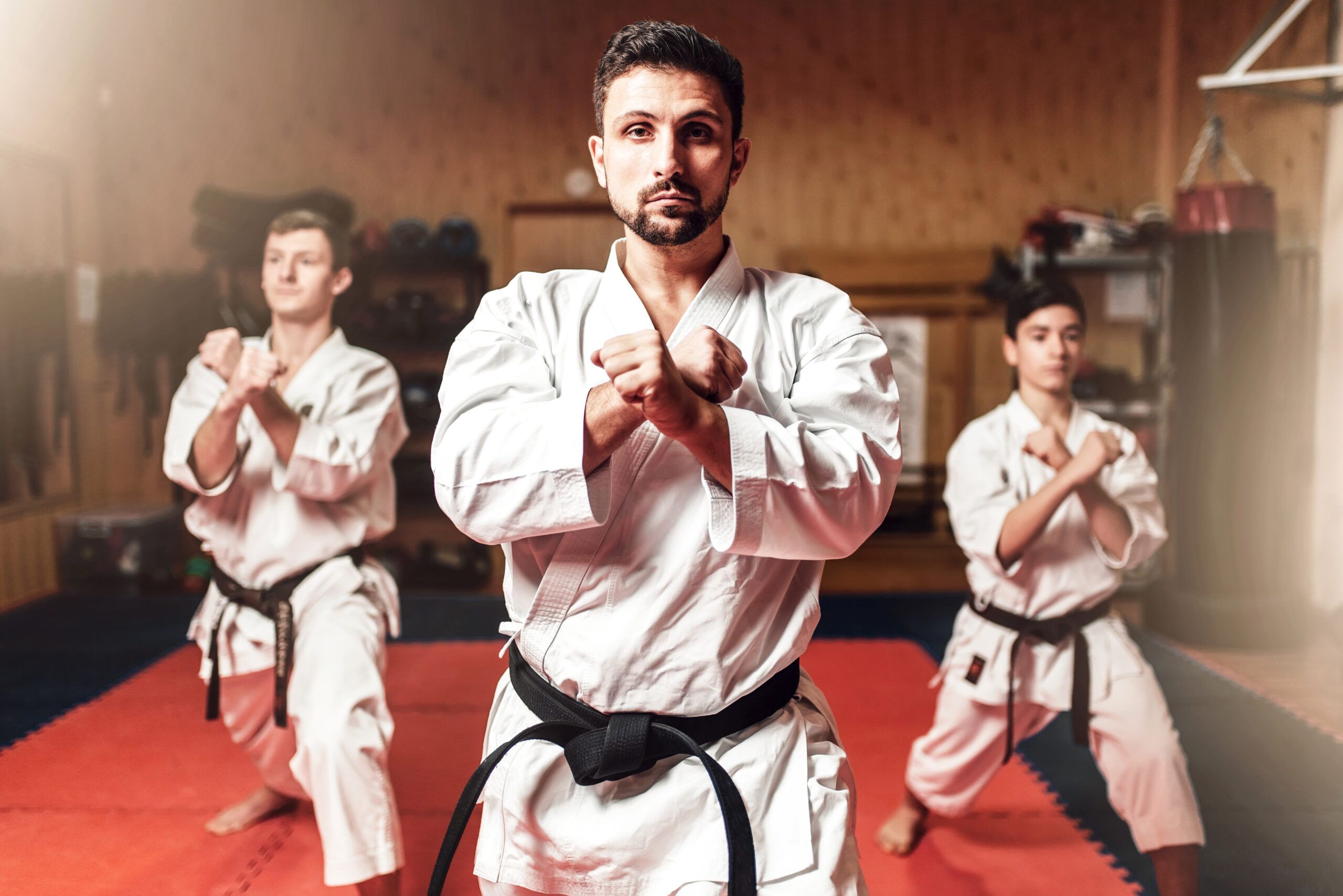 Maestros de karate cinturones negros ejecutando katas con precisión y maestría en un entrenamiento avanzado.